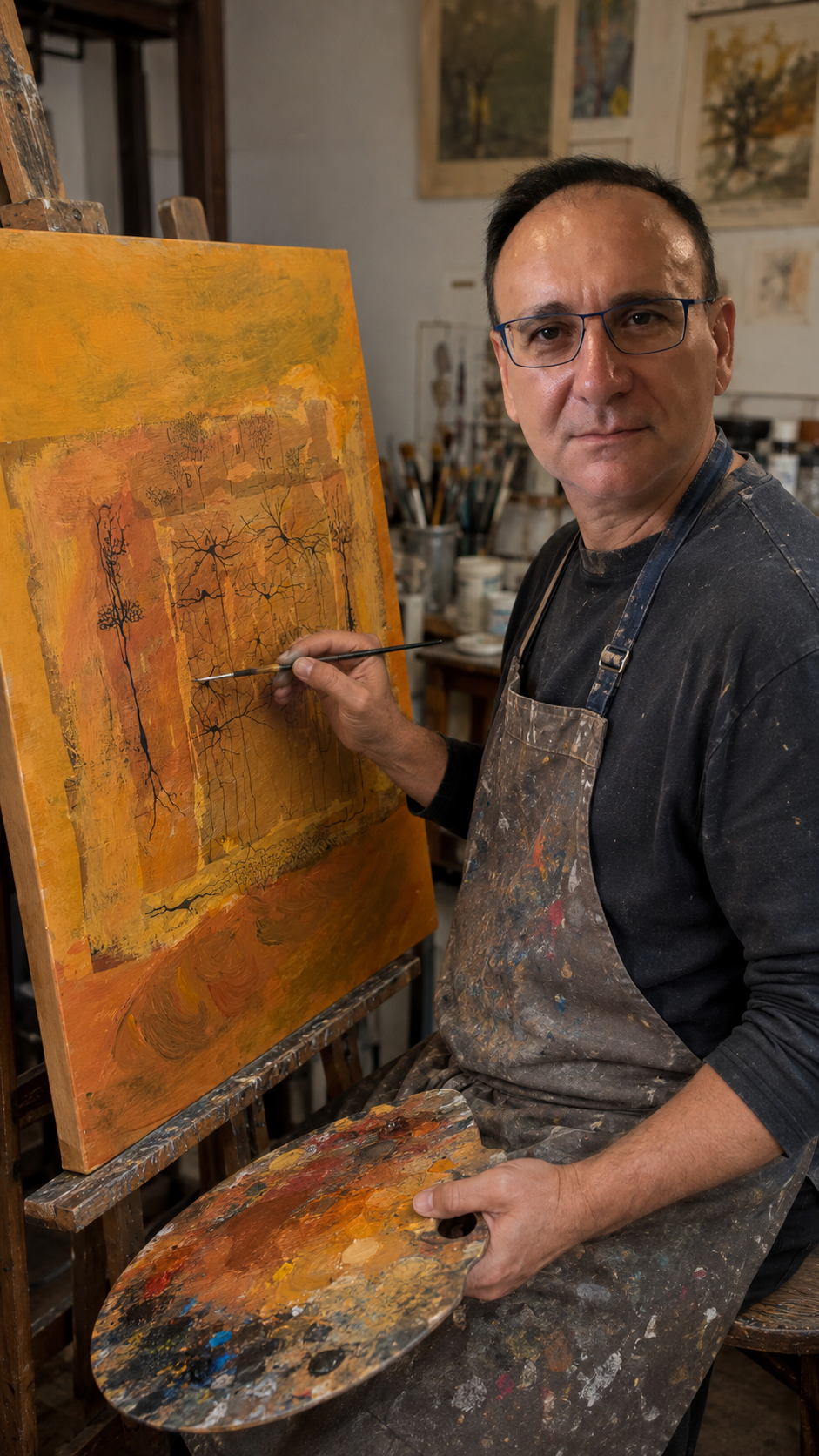 Retrato de Santiago Ramón y Cajal pintando en su estudio